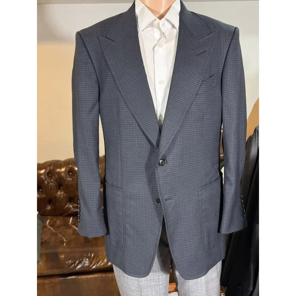 Tom Ford Blue Houndstooth Blazer Peak Lapel Sport Jacket 50 40R Wool Shelton EUC